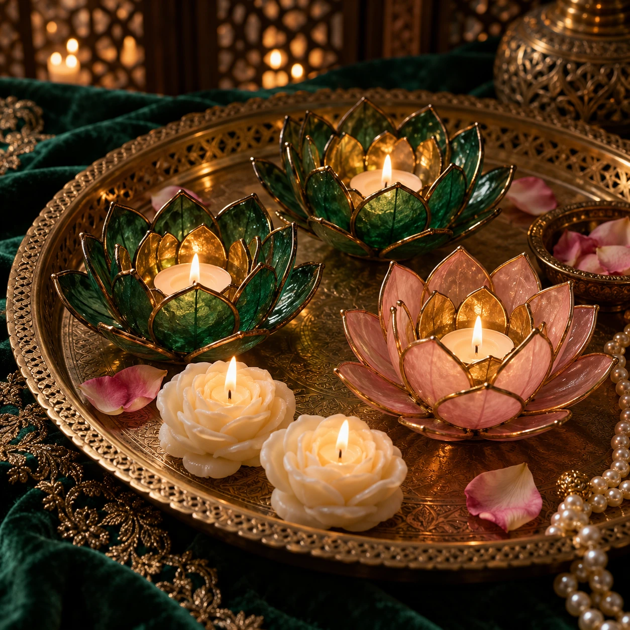 Distinct candlelit editorial scene with lotus holders and sculpted candles in an emerald and brass setting
